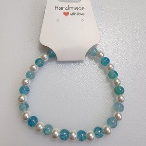 Pastel Blue/Pearl White Beaded Bracelet